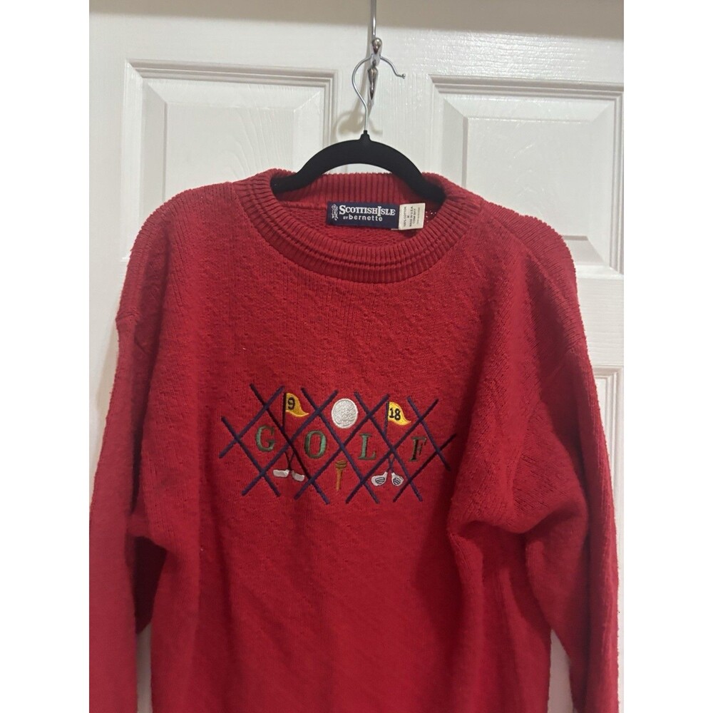 Vintage Scottish Isle by Bernette Red Made In USA Cotton Golf Sweater Mens M